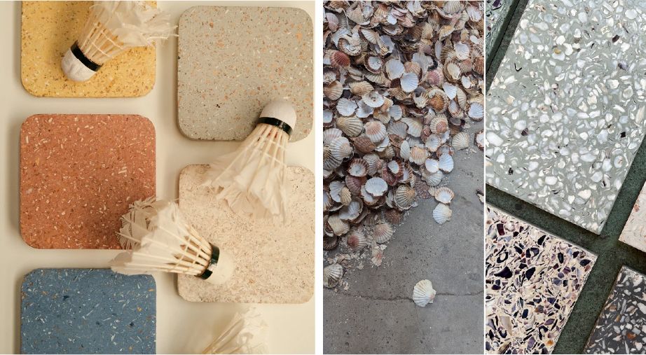La poésie du déchet – Flair by Citti Matériaux recyclés et upcyclés utilisés par Dizy, et Ostrea : volants de badminton et coquilles Saint-Jacques.