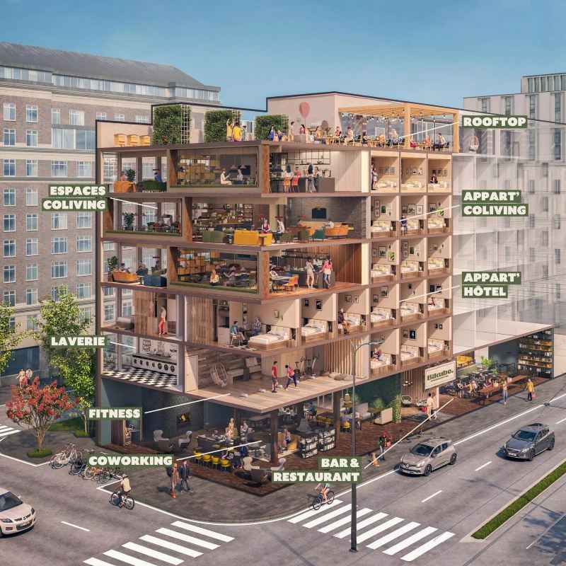 Ruche urbaine – Flair by Citti Vue en coupe du concept Bikube, immeuble mixte avec espaces de coliving, coworking, restaurant et rooftop illustrant la notion de ruche urbaine.