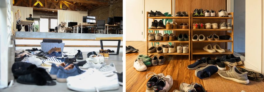 Chaussures déposées à l’entrée d’un espace de travail contemporain, symbolisant une pratique professionnelle sans chaussures