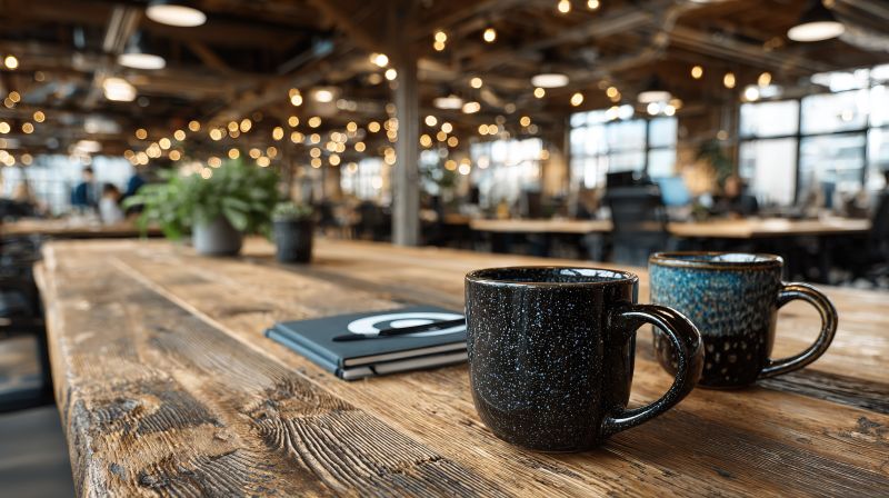 Espace de coworking avec grande table en bois, tasses de café et ambiance chaleureuse favorisant le travail collaboratif.