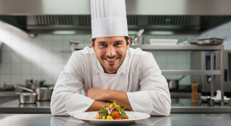 Chef cuisinier préparant un plat dans un restaurant d’entreprise moderne, illustrant l’évolution des cantines vers des expériences culinaires.