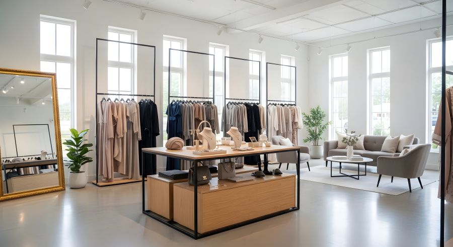 Espace de pause dans une boutique de vêtements avec assises et zone lounge améliorant l’expérience client