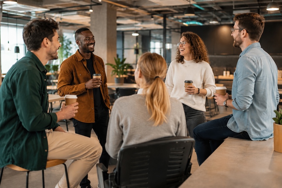 Collaborateurs échangeant autour d’un café dans un espace de bureau contemporain favorisant les interactions humaines.