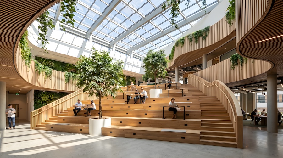 Atrium de bureau avec gradins en bois, espaces de rencontre et végétation intérieure favorisant les échanges entre collaborateurs.
