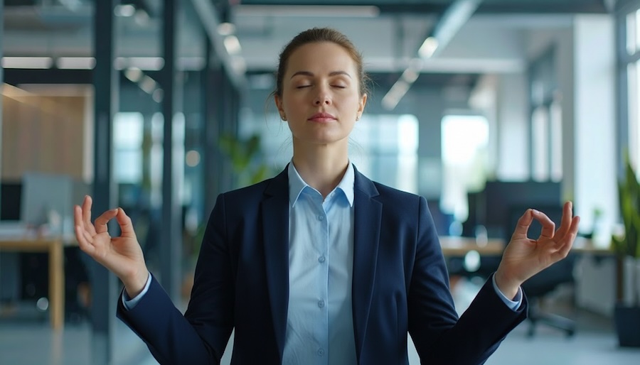 Collaboratrice pratiquant un exercice de relaxation dans un bureau, illustrant l’intégration du bien-être et du care dans les espaces de travail.