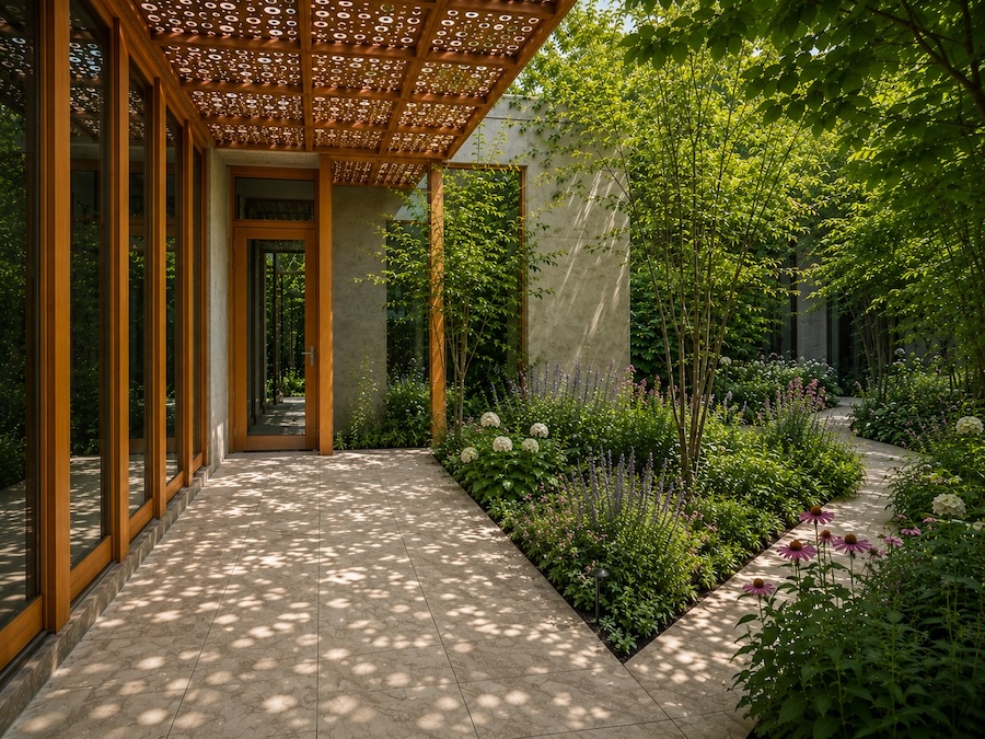 Patio végétalisé illustrant le confort d'été dans une architecture bioclimatique avec protections solaires et ventilation naturelle.