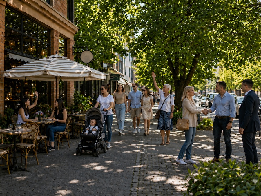 Illustration d’un quartier vivant et mixte, où logements, bureaux, commerces de bouche, terrasse et services du quotidien composent une ville accessible à pied. L’image accompagne un article Flair consacré à la ville du quart d’heure et à la proximité comme nouvelle valeur des lieux.