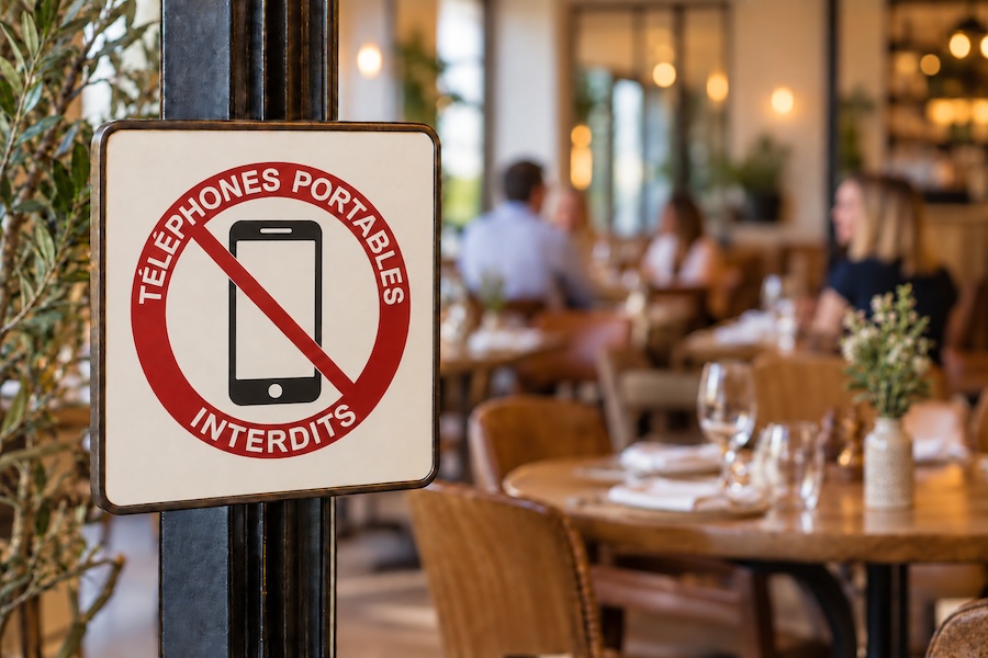 Panneau interdisant les téléphones portables dans un restaurant