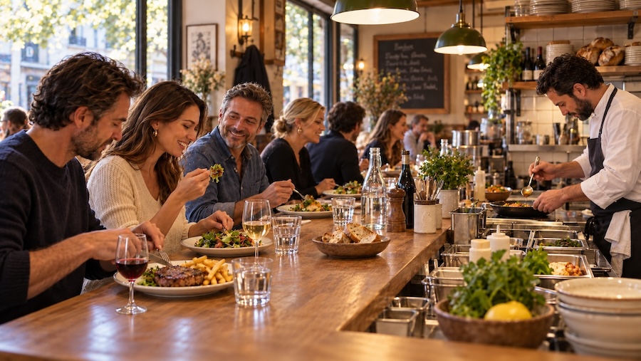Clients installés au comptoir d’un restaurant face au chef