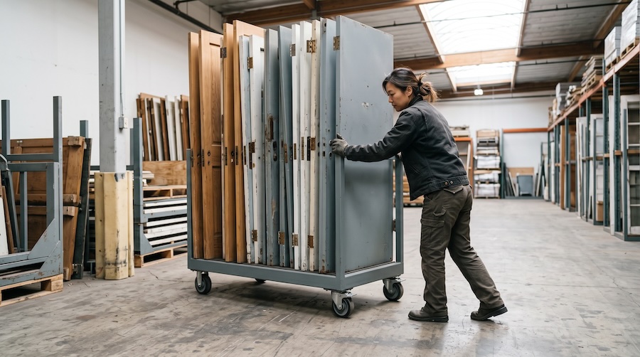 Une femme pousse un chariot chargé de portes de réemploi dans un entrepôt de stockage de matériaux